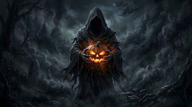 A mysterious hooded figure holding a glowing jack o lantern in a dark forest for happy halloween