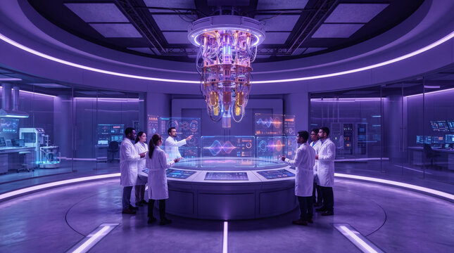 Quantum Computing Lab scientists analyzing data on futuristic holographic displays