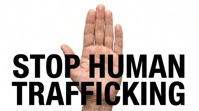 Humanitarian awareness concept featuring a raised hand signaling a halt to modern slavery and illegal trafficking exploitation activities