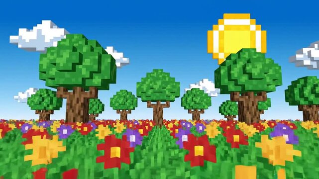 Pixelated Forest Landscape with Colorful Flowers and Sun Under Blue Sky