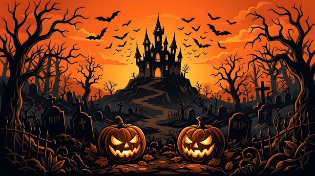 Spooky haunted castle landscape with glowing jack o lanterns for a festive happy halloween background design