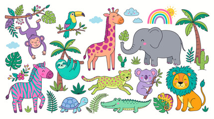 Fototapeta premium Cute cartoon wild jungle safari animals set with giraffe elephant lion zebra monkey sloth and tropical foliage, illustrating nursery room decor and children educational graphic design