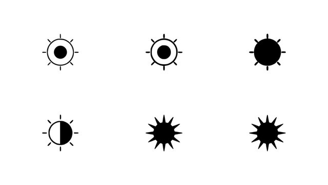 Six Sun Icons in a 2x3 Grid Each with Varying Degrees of Sun Visibility and Style Featuring Icon, Illustration, Design