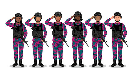 Obraz premium Diverse multicultural army soldiers in tactical camouflage gear saluting with rifles on white background, Symbolizing national defense service and armed forces patriotic unity