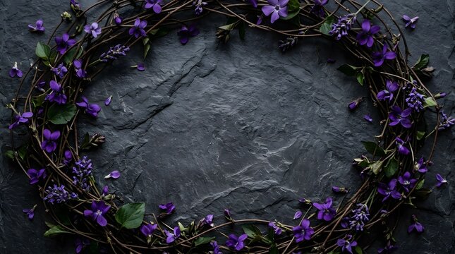 A dark moody floral wreath frame on stone background for a happy halloween seasonal greeting card design