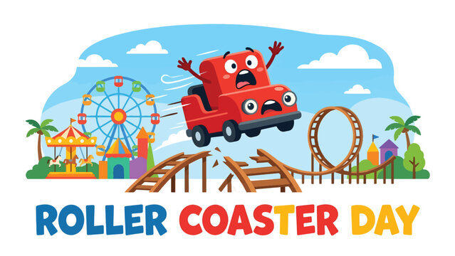 Roller Coaster Day Cartoon Illustration with Scared Red Trolley