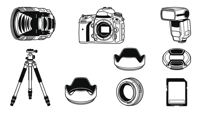 Collection of Photography Equipment Including DSLR Camera Lens Tripod Flash and SD Card Viewed From Above