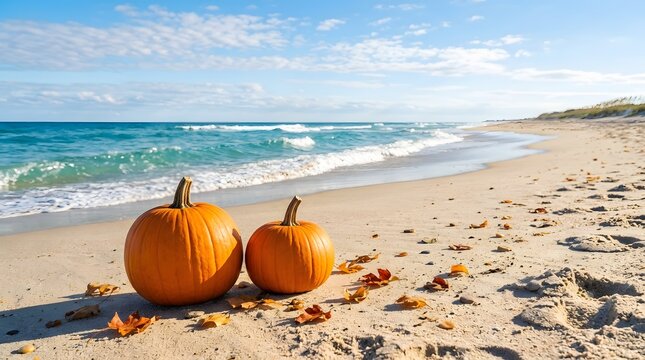 Two orange pumpkins sitting on a sandy tropical beach for a sunny and warm happy halloween celebration