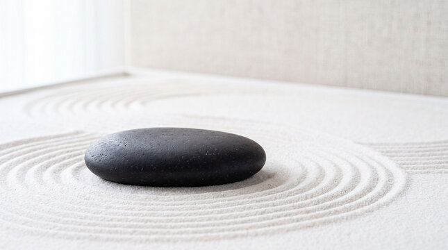 Zen Black River Stone Podium on White Sand with Gentle Ripples