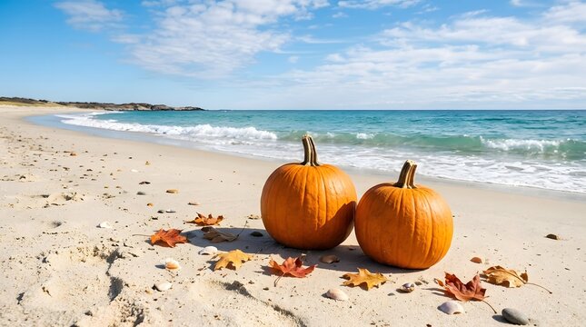 Two orange pumpkins sitting on a sandy beach shore during a sunny day for a happy halloween theme