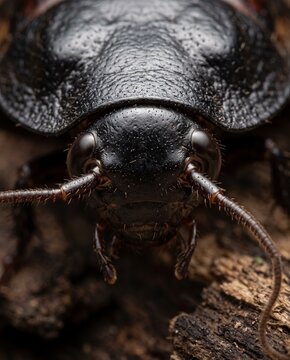 Frontal macro portrait of hidden face beneath pronotal shield