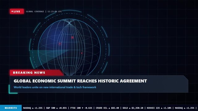 Digital broadcast background for global trade updates and financial data ticker for international economic news reporting