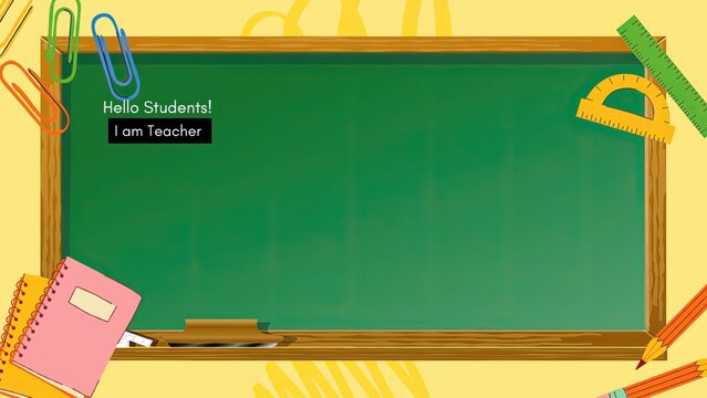 Empty green chalkboard background with school supplies and stationery items for education concept and classroom learning presentation template