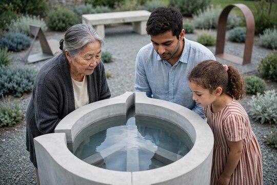 Family Reflecting on Water Feature