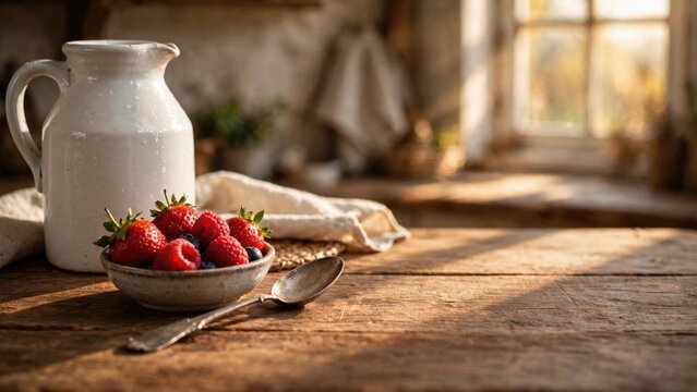 Fresh Berries and Pitcher on Rustic Wooden Table