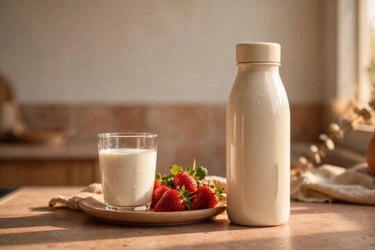 Fresh Milk with Strawberries on Wooden Table