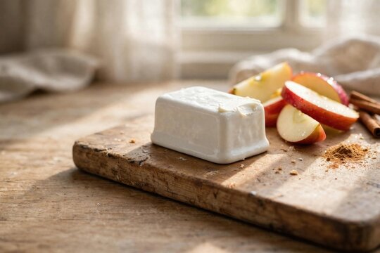 Fresh Cheese with Apple Slices on Wooden Board
