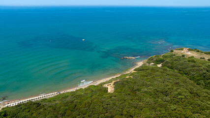 Fototapeta premium Aerial view of a long coastline with vibrant turquoise ocean waves meeting a lush green coastal forest under a vast blue sky on a bright sunny summer day.
