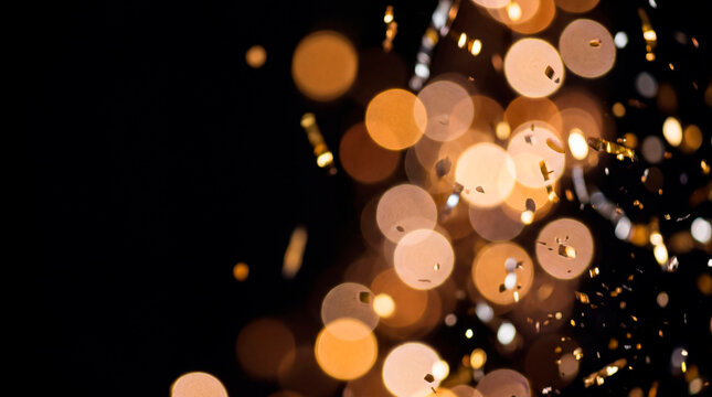 Golden bokeh lights and gold confetti glittering on dark background for festive New Year backdrop