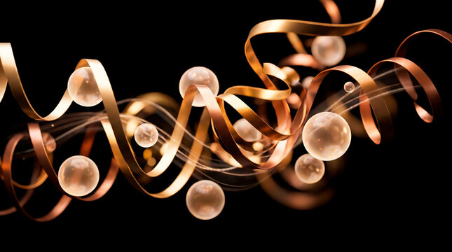 Elegant golden ribbons and floating pearls on black background for New Year celebration