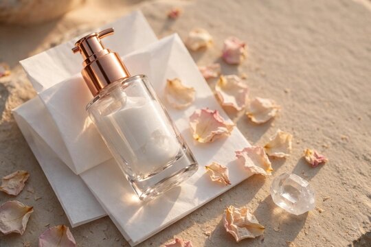 Glass Bottle with Rose Petals on Textured Surface