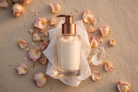 Luxury Skincare Bottle with Rose Petals and Crystal