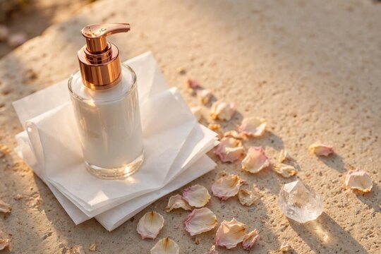 Luxury Soap Bottle with Rose Petals on Sand