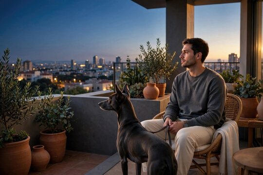 Man and Dog on Urban Rooftop at Dusk