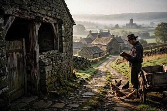 Man with Cart and Chickens in Rural Village