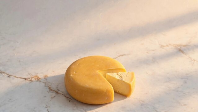 Round Yellow Cheese with Slice on Marble Surface