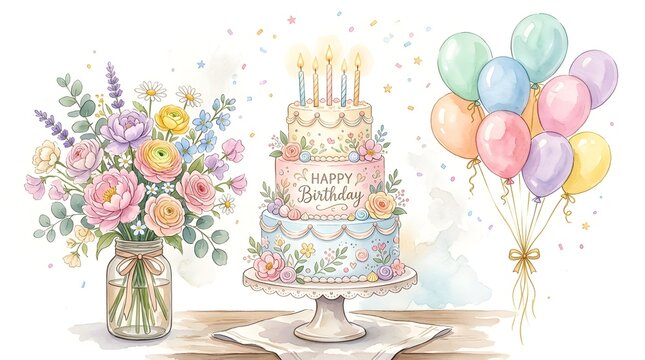 Watercolor birthday cake with lit candles, bouquet of flowers and balloons on a wooden table