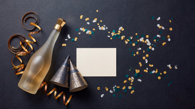 Festive flat lay with champagne bottle confetti and party hats on dark background copy space