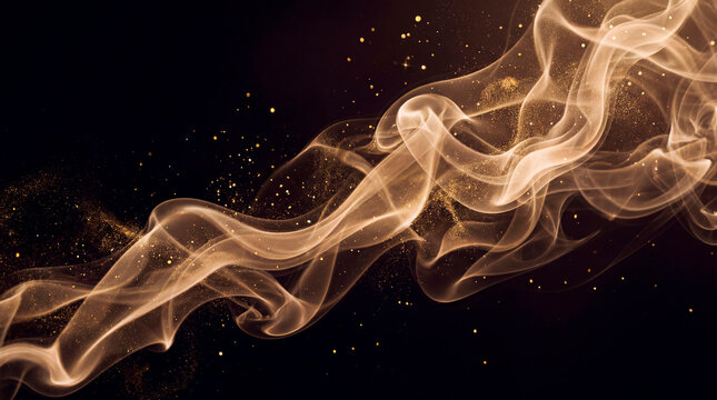 Golden smoke swirl with sparkling glitter dust on black background for elegant celebration