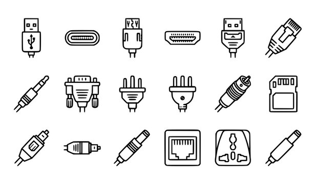 Electronic plugs ports cables USB HDMI Ethernet and technology connector editable vector icons