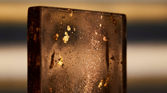 Close up textured glass block with gold flecks glowing against warm blurred background