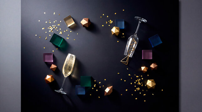 Overhead champagne glasses with gold confetti and geometric shapes on dark festive backdrop