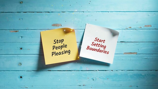 Sticky notes displaying stop people pleasing and start setting boundaries self improvement concept