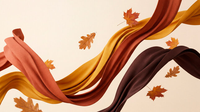 Flowing autumn colored silk ribbons with falling maple and oak leaves on cream background