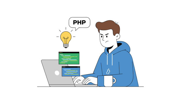 Software developer working on computer code with a lightbulb idea and php text speech bubble over the laptop.