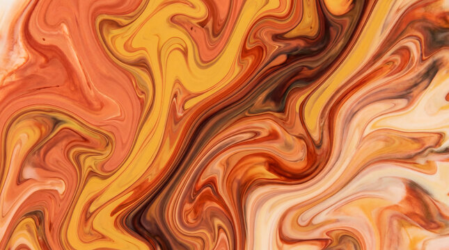 Swirling autumn colored liquid marble texture in warm orange and brown for fall background
