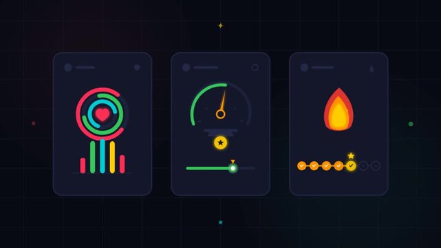 Futuristic fitness dashboard UI elements, health tracking app interface with heart rate and calorie icons, dark mode data visualization graphics