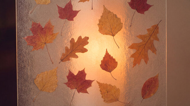 Glowing glass panel with pressed autumn leaves backlit by warm light for cozy fall decor