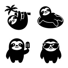 Fototapeta premium Set of Four Adorable Chubby Sloth Vector Icons Featuring Tropical Summer Vacation Activities and Relaxed Beach Lifestyle Poses