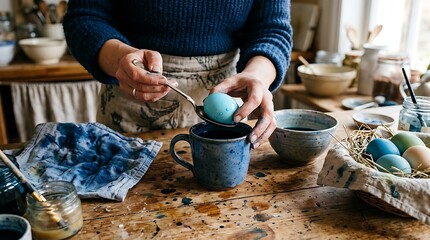 Obraz premium Person dyeing easter eggs with colorful liquid in a rustic kitchen at home during spring holiday season