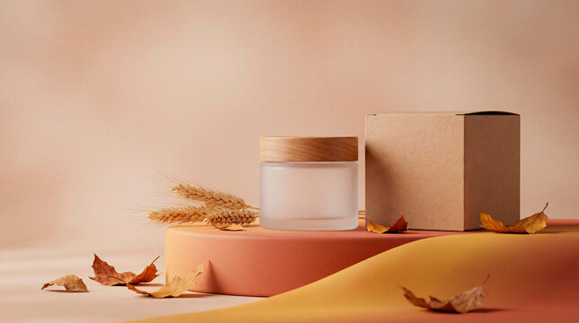 Cosmetic jar and kraft gift box mockup with wheat and autumn leaves on beige background