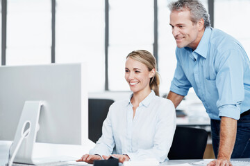 Mentor, planning and computer with business people in office for team, coaching and account consultant. Discussion, brainstorming and manager with employee for project and investment proposal