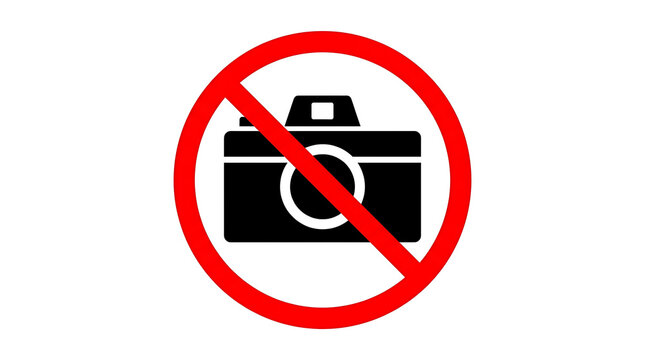 No Photography Allowed Sign with Camera Symbol Inside Red Circle.