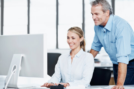 Mentor, planning and computer with business people in office for team, coaching and account consultant. Discussion, brainstorming and manager with employee for project and investment proposal