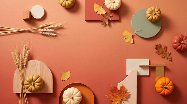 Autumn flat lay with pumpkins wheat leaves and geometric podiums on terracotta background