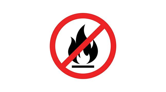 A clear red prohibition sign with a black flame icon inside, indicating no fire allowed.